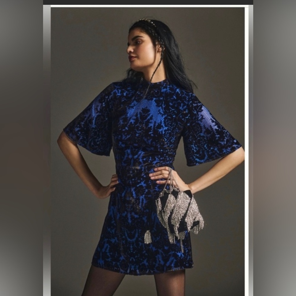 ANTHROPOLOGIE Mock Neck Velvet Floral Bell Sleeve Mini Dress Blue US 14 NWT